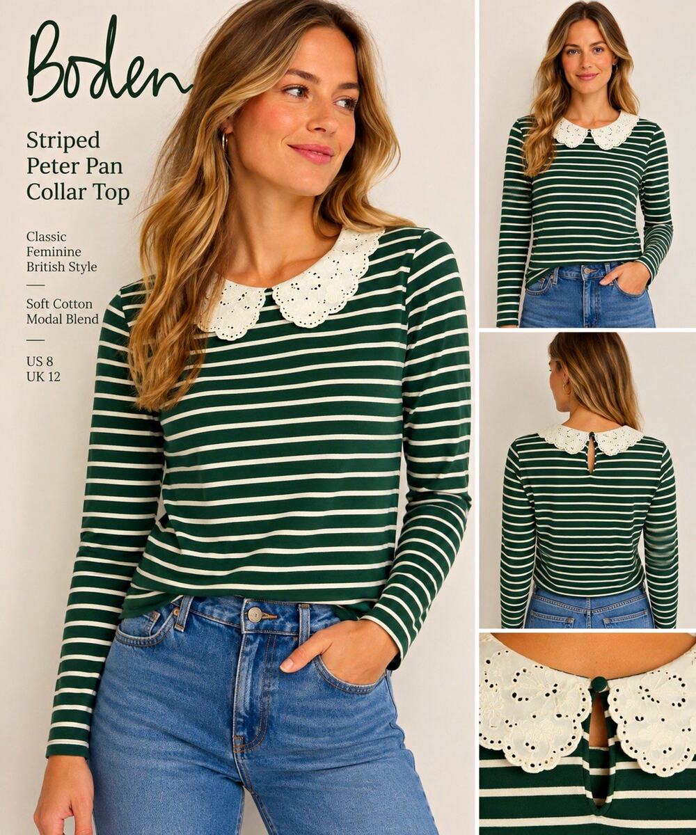 Boden Green/White Striped Peter Pan Collar Long Sleeve Jersey Top Size 8 NWT